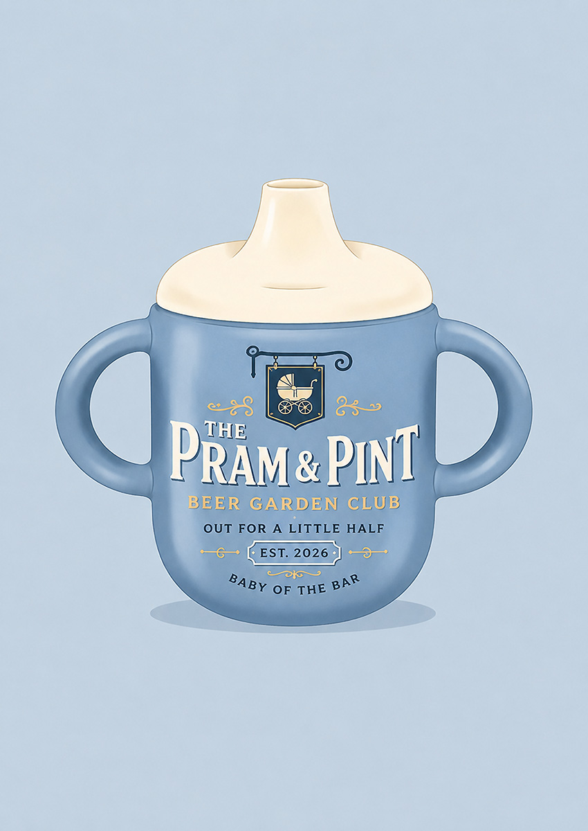 Illustration of a blue baby bottle with a witty The Pram and Pint beer garden club logo on a soft blue background